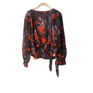 Madewell Floral Silk Long Sleeve Wrap Blouse Black With Red & Purple Flowers  XS